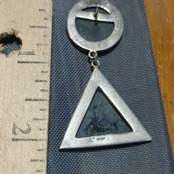Vintage Sterling Silver Black Onyx Triangle Drop Earrings Round Studs Marcasite - Picture 12 of 12